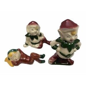 Vintage Elf‎ Pixie Gnome Figurines Green & Maroon Christmas Mini Set Of 3